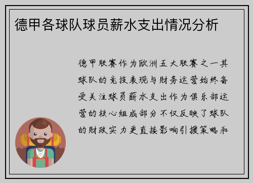德甲各球队球员薪水支出情况分析
